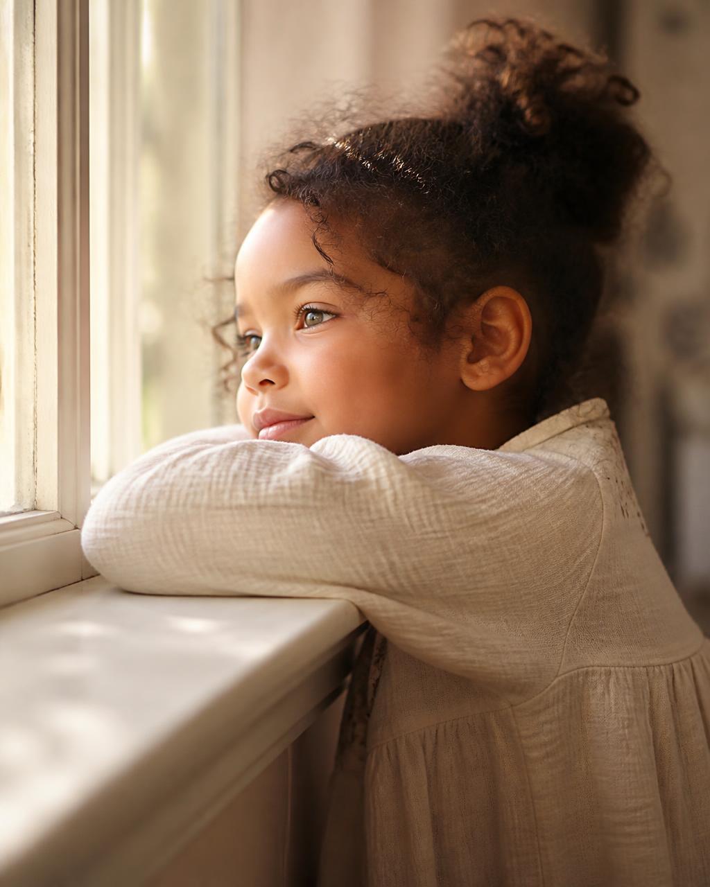 Une petite fille rêveuse, tournée vers la lumière