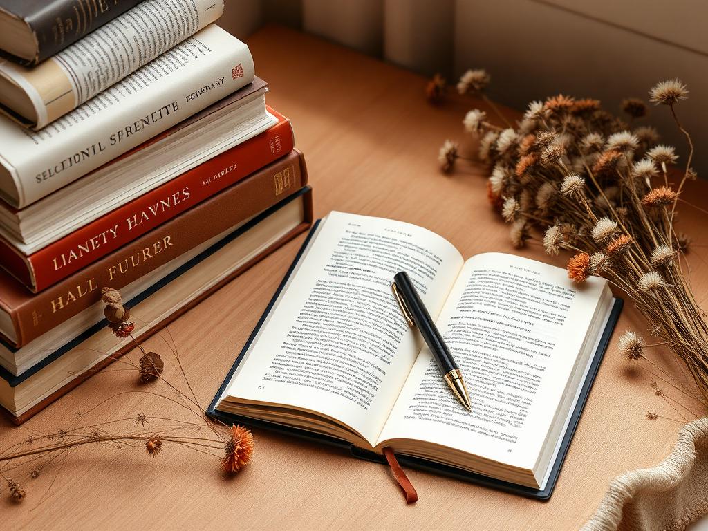 Livres empilés et cahier ouvert sur une table chaleureuse